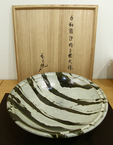 人間国宝　浜田庄司　蕎麦釉紋折鉢　20.5cm  共箱　とこおか0816Ｎ223